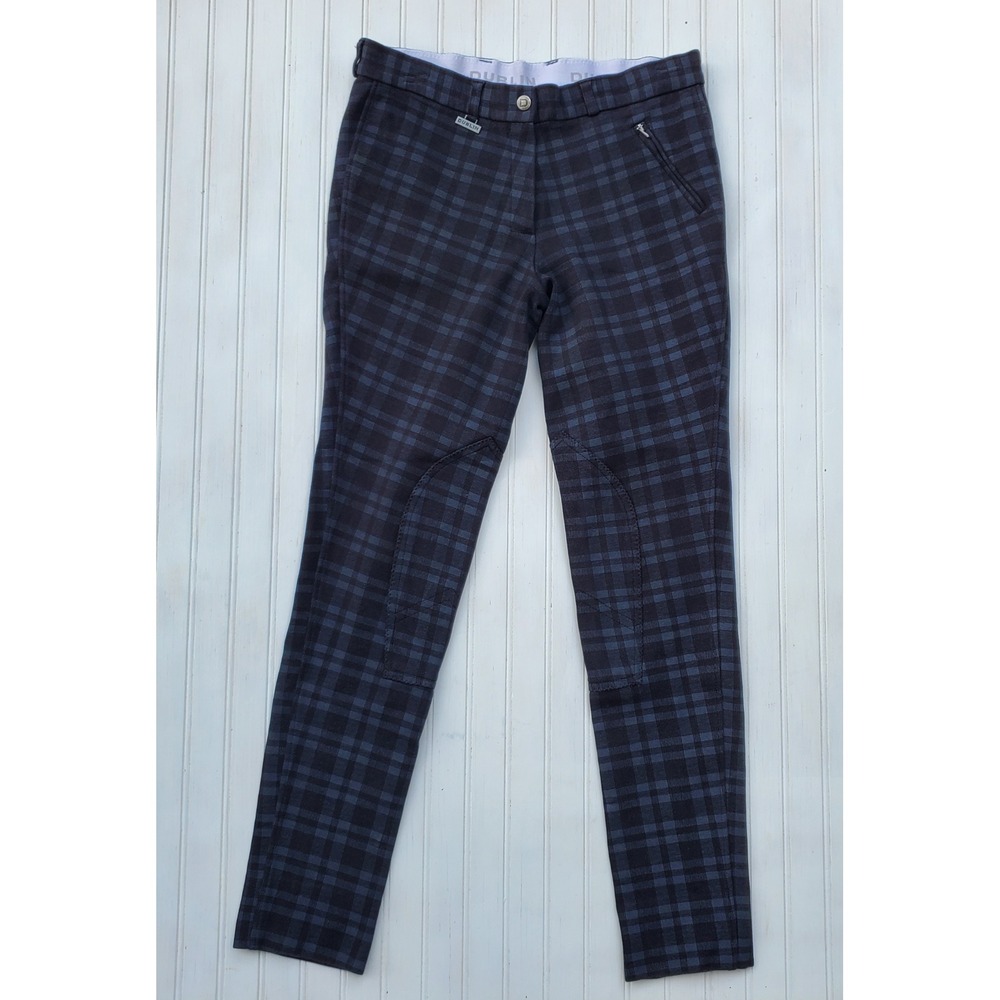 Dublin Womens Plaid Equestrian Riding Breeches Navy Blue Grey Knee Patch Pants